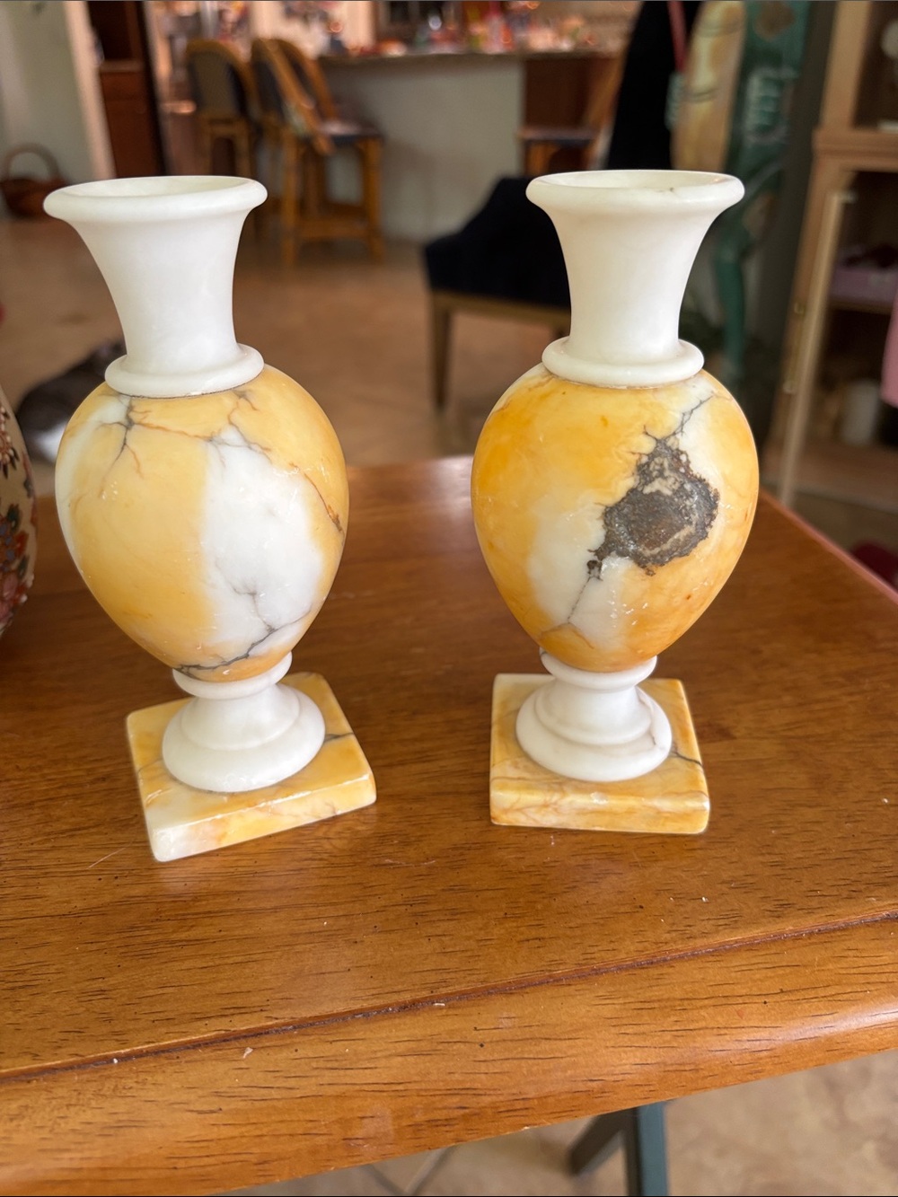 Pair of Yellow and White Marble Accent Vases